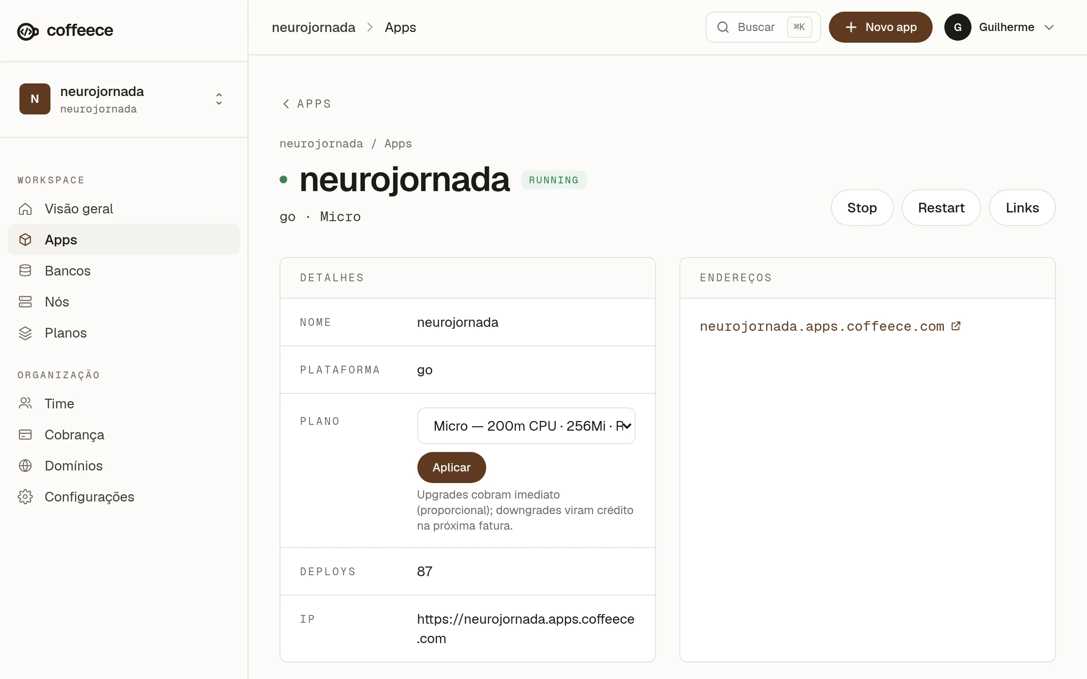 Página de um app na Coffeece: URL, estado do sandbox e unidades